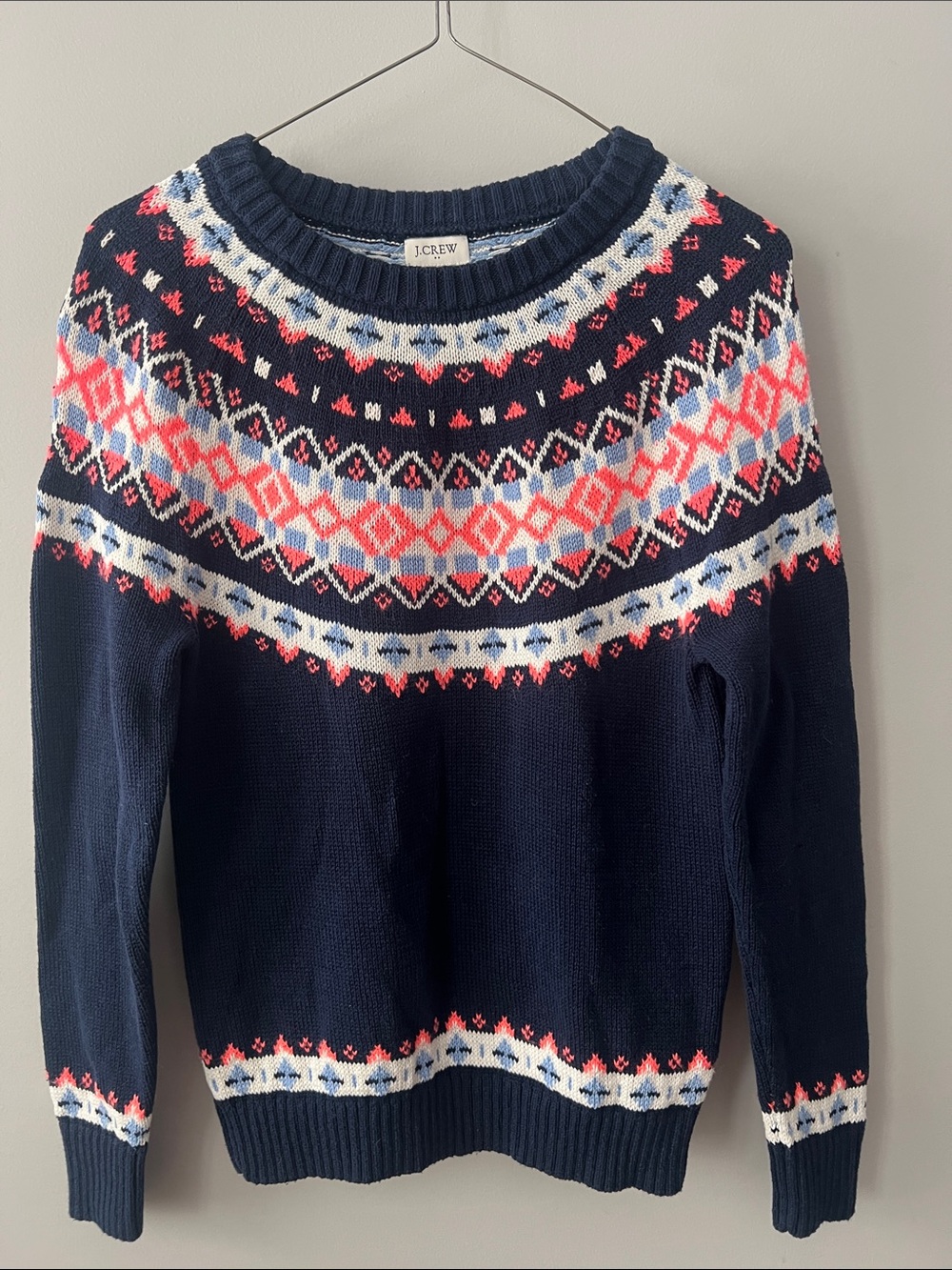 J. Crew Navy Fair Isle Crewneck Sweater with Pink and Light Blue Accents